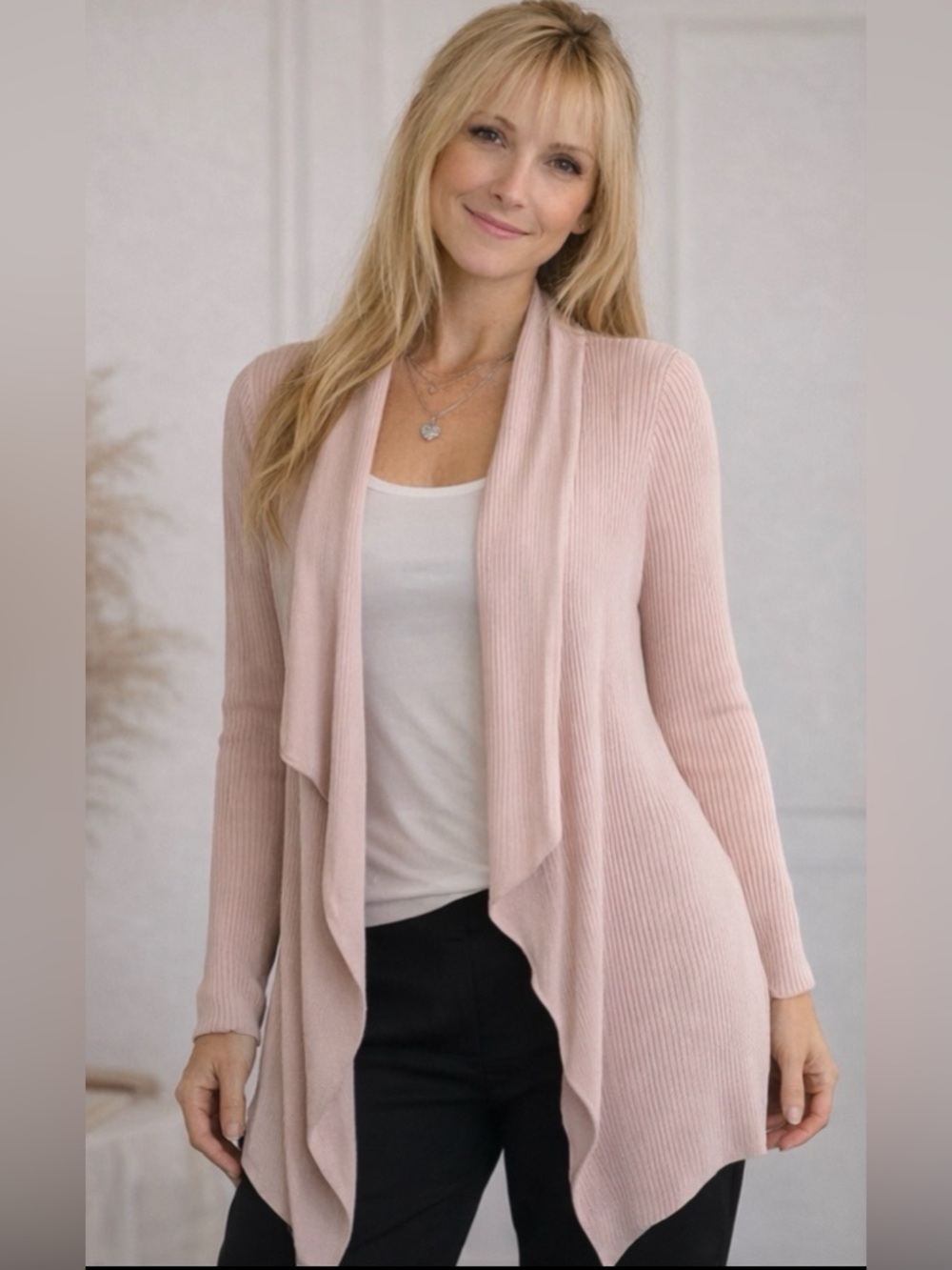 Venus Blush Pink Ribbed Waterfall Cardigan Duster Open Front Boho Chic NWOT